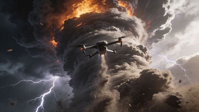 Epic quadcopter flying into ash tornado with lightning, embers and cinematic storm drama