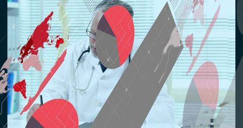 Mature doctor writing medical records at clinic desk with stethoscope and data overlays