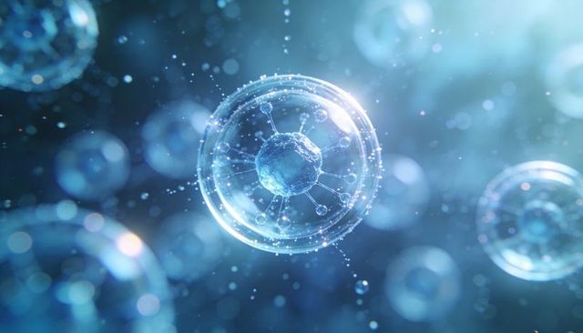 Microscopic translucent vesicle with granular nucleus and radial filaments in blue fluid