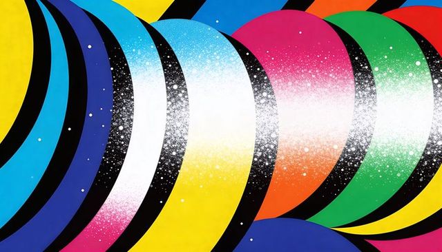 Vibrant overlapping colorful arcs and discs with speckled gradient and black crescents