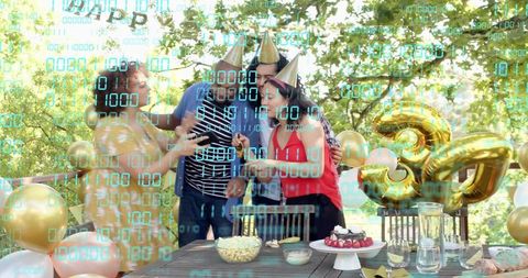 Outdoor 30th birthday celebration with friends, gold balloons, cake and binary overlay