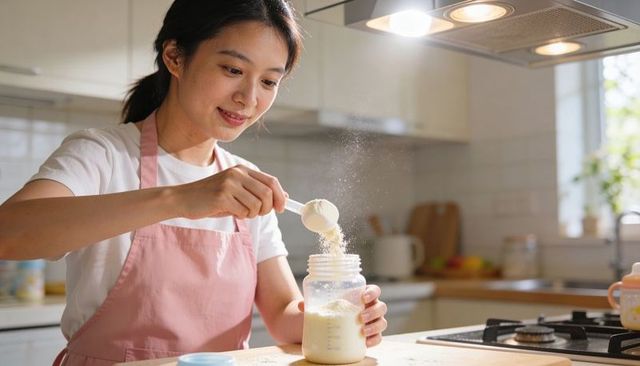 Young woman preparing baby formula in sunlit kitchen measuring powdered milk into bottle