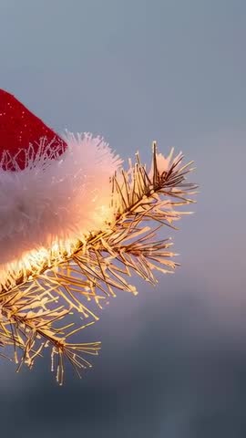 Vertical video twinkling warm-lit pine branch with Santa hat and tinsel closeup