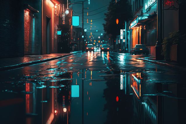 Rainy Urban Street with Colorful Neon Light Reflections at Night - Download Free Stock Images Pikwizard.com