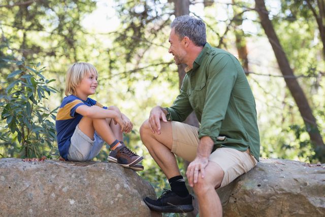 Father and talking while siting on rocks in forest