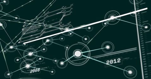 Visualizing multiyear data network with pulsing nodes and rising trendline on teal hud