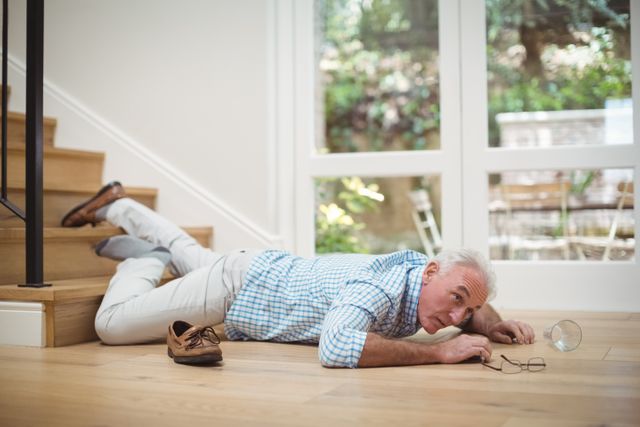 Senior man lying on floor after falling down stairs at home. He appears to be in pain and holding his glasses. This image can be used in articles or advertisements related to elderly safety, fall prevention, home accidents, and health care services for seniors.