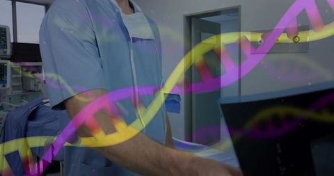 Healthcare Professional Using Technology with DNA Overlay