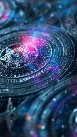 Vertical close-up showing engraved metallic disc glowing with cosmic neon light