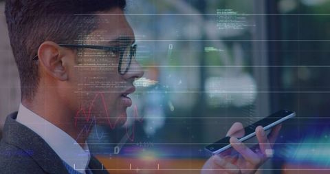 Executive speaking while viewing mobile analytics with ar charts on smartphone