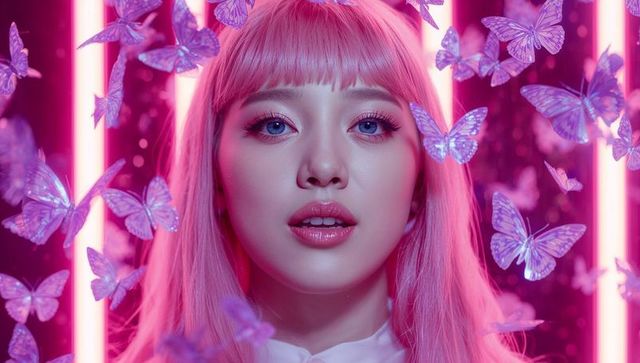 Futuristic Portrait of Pink-Haired Woman with Neon and Butterflies