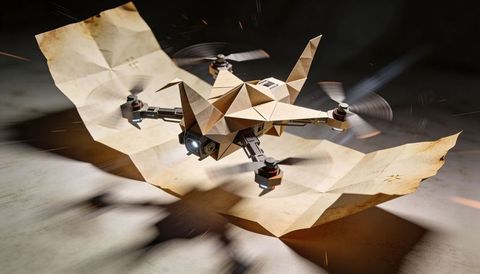 Origami drone hovering over vintage map with spinning propellers and led light, kraft papercraft