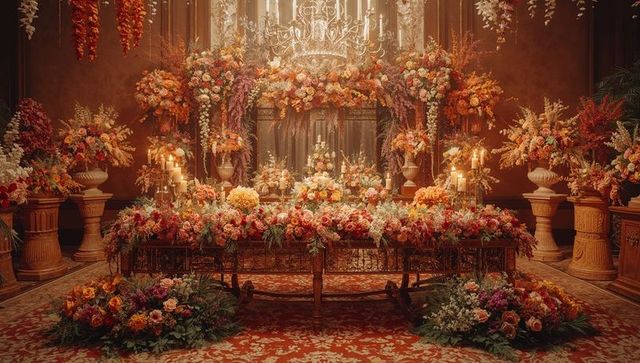 Opulent banquet hall adorned with lush floral arrangements