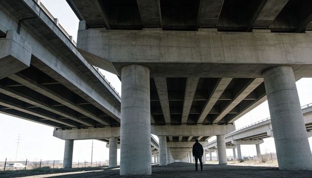 Man Standing Beneath Massive Urban Highway Overpass Showing Concrete Columns and Perspective
