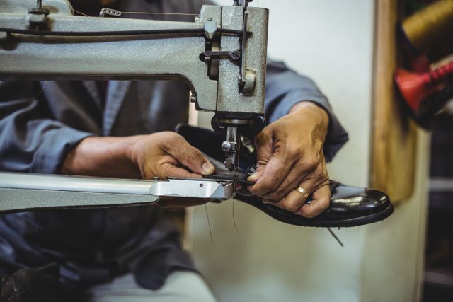 This image shows a shoemaker using a sewing machine to work on a leather shoe in a workshop. The focus is on the hands and the sewing machine, highlighting the detailed craftsmanship and skill involved in shoemaking. This image can be used to illustrate concepts related to traditional crafts, manual labor, and skilled trades. It is suitable for articles, blogs, or advertisements about handmade products, artisan skills, or the shoemaking industry.
