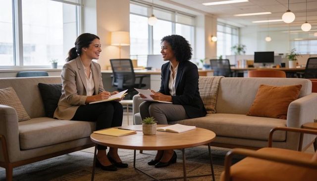 Two businesswomen collaborating on documents in modern office lounge