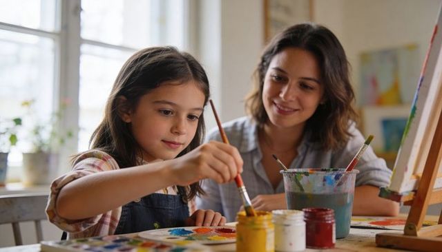 Mother guiding daughter painting in sunlit home studio creating colorful canvas together