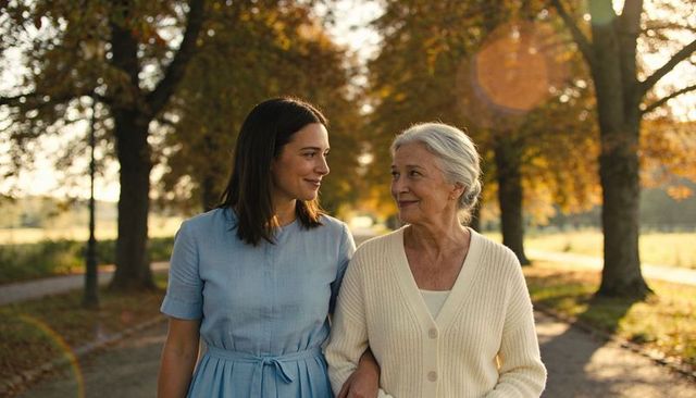 Mother and daughter walking arm in arm in autumn park during golden hour