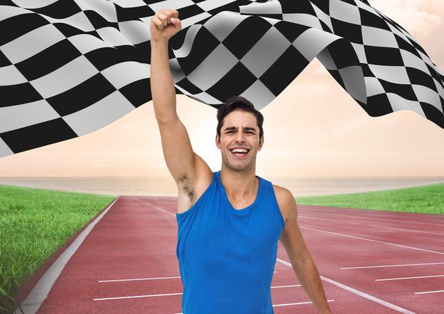This image depicts a male athlete celebrating victory by raising his hands at the finish line with a checkered flag in the background. It is ideal for illustrating themes of success, achievement, sports competitions, and personal triumph. Suitable for use in advertisements, promotional materials, articles about sports and fitness, and motivational content.