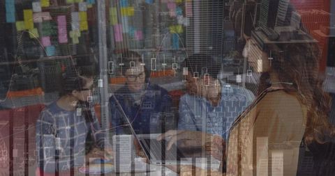 Business Team Analyzing Financial Data with Urban Overlay