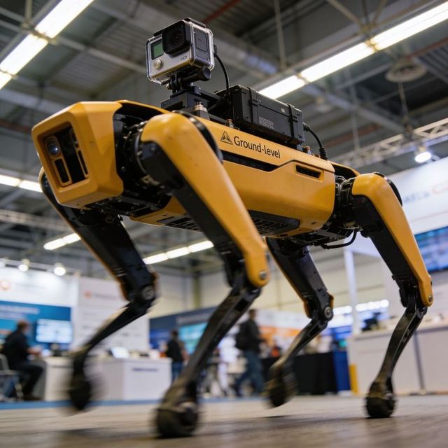 Yellow quadruped robot walking through tech expo with mounted action camera, battery pack