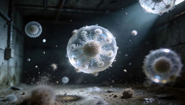 Translucent microbial orbs floating in abandoned concrete cellar, cinematic dust and light