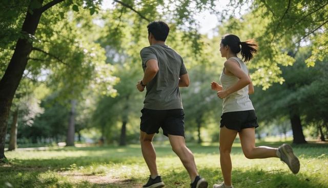 Couple jogging through sunlit park wearing running shoes and fitness watches