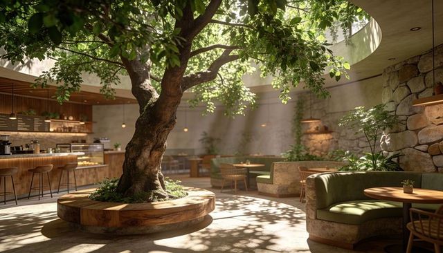 Sunlit cafe atrium featuring mature tree growing through circular skylight and curved bench seating