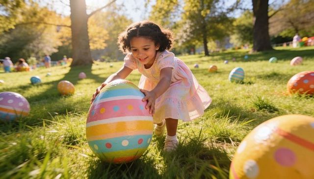 Joyful toddler rolling giant pastel easter egg through sunlit spring park grass