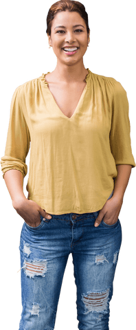 Smiling Young Woman in Casual Transparent Clothing