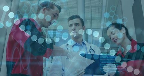 Medical Team Holding Group Meeting with Futuristic Molecular Overlay