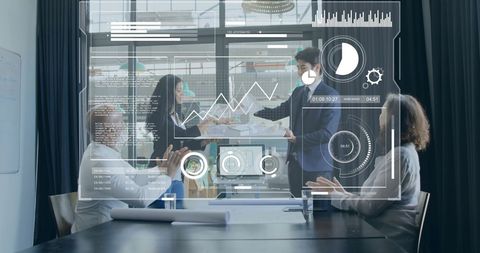 Team Analyzing Financial Data with Futuristic Holographic Interface