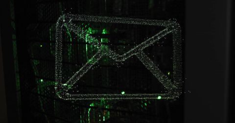 Digital envelope email icon in neon green server room scene