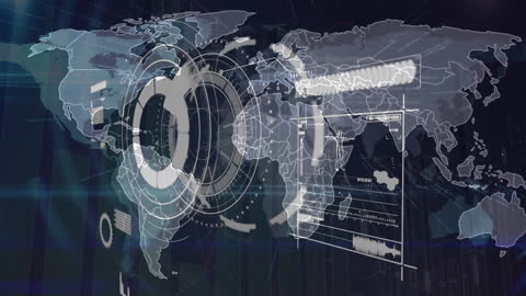 Futuristic World Map with Digital Data Interface Overlay