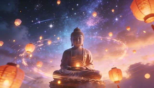 Seated buddha statue holding lit lamp glowing amid lanterns and cosmic nebula swirl halo