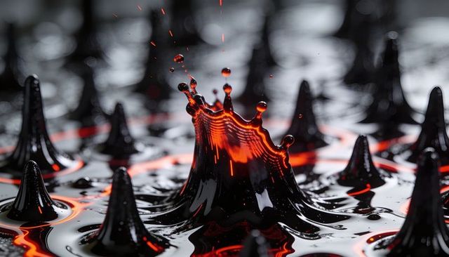Glowing ferrofluid crown with red-orange molten highlights and conical magnetic spikes