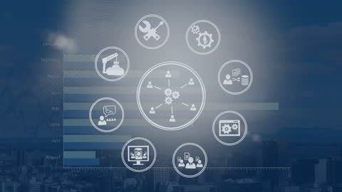 Digital Animation of Computer Icons Over Cityscape with Graph Overlay
