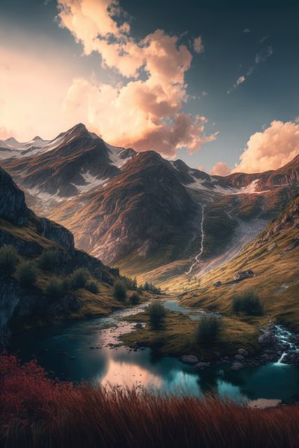 Majestic mountain landscape with a serene river flowing through a vibrant valley beneath a dramatic sky at sunset. Perfect for travel promotions, adventure blogs, nature calendars, or background images in presentations and websites.
