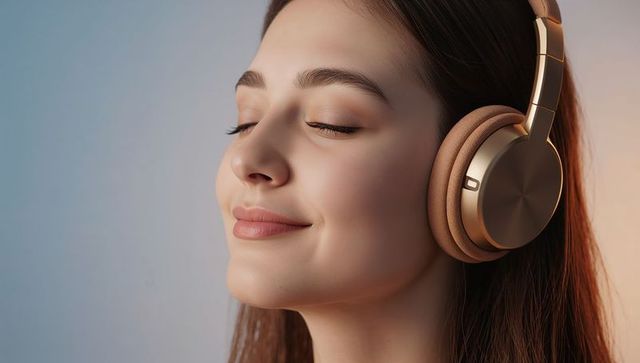 Serene young woman listening with metallic beige wireless headphones close-up portrait, eyes closed
