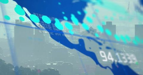 Translucent blue data overlay stretching across urban skyline with turquoise markers
