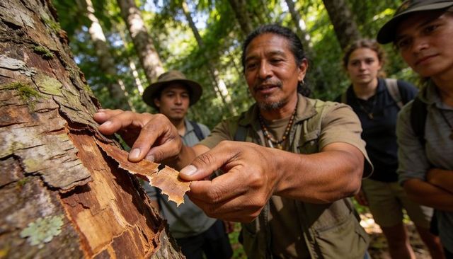 Forest guide peeling bark and teaching hikers about inner tree layers and ecology