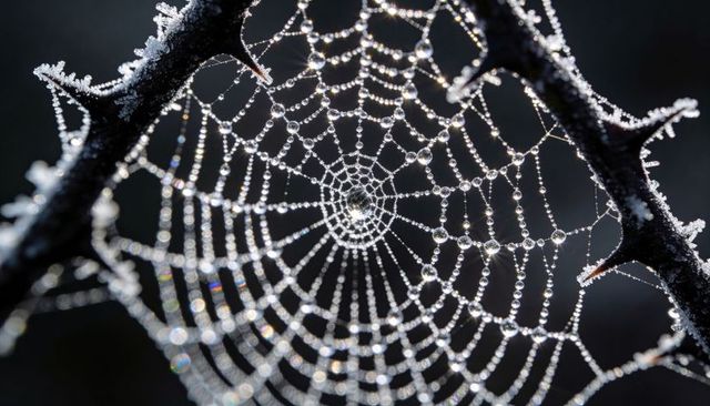 Frosted dew on orb web draping thorny branches, sparkling concentric silk droplets, dawn