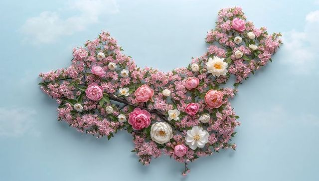 China Shaped Floral Map With Blossoming Peonies and Camellias
