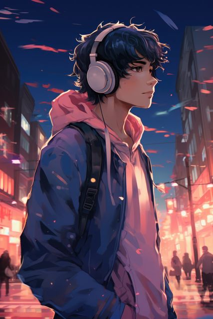 Anime-style teen wearing headphones, enjoying music in a vibrant city scene at night. Ideal for themes around youth culture, city life, music enjoyment, and animated characters in urban environments.