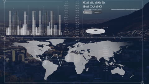 Global Financial Data Interface Over Aerial Cityscape