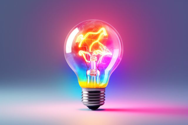 Vibrant light bulb with an abstract design and multi-colored glow. Perfect for projects related to creativity, innovation, and futuristic technology. Ideal for use in advertising campaigns, webpages, or promotional materials emphasizing brightness, modern design, and inspiration.