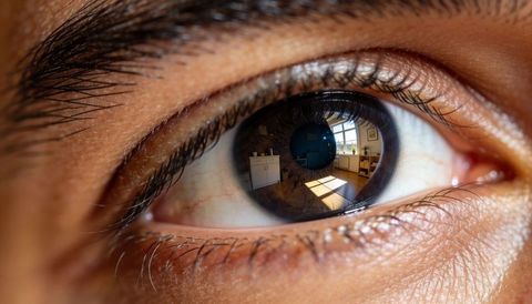 Human eye reflecting sunlit living room interior through multi-pane window