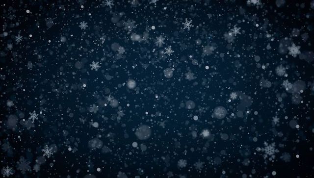 Deep blue night sky with falling snowflakes and soft bokeh, layered winter background glow