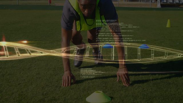 African American soccer player performing push-ups on a soccer field with a digital animation overlay of DNA and data streams. Great for content related to sports training, athlete performance, athletic technology, and fitness. Useful for blogs, articles, or advertisements showcasing technology in sports and athletic development.