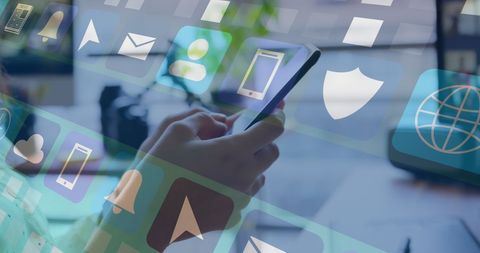 Caucasian Woman Uses Smartphone with Social Media Overlay - Download Free Stock Images Pikwizard.com